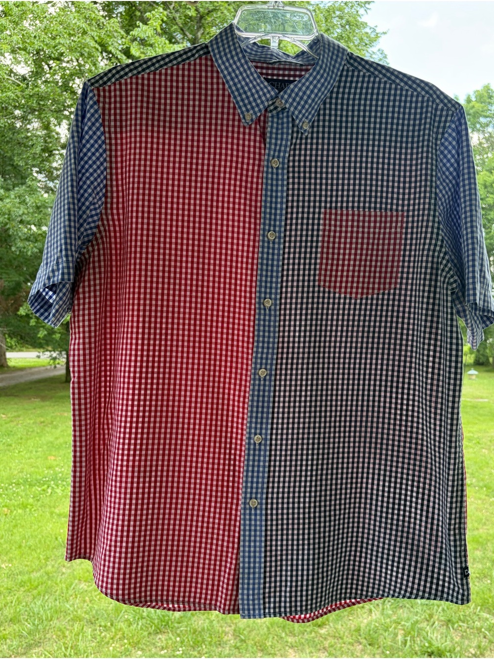 Chaps Three Tone Gingham Short-Sleeve Button-Down Shirt Red Blue black XL preppy